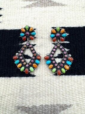 Don Lucas Southwestern Silver Multi Stone Cluster Dangle Statement Earrings